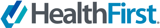 HealthFirst logo, it is light blue and grey.